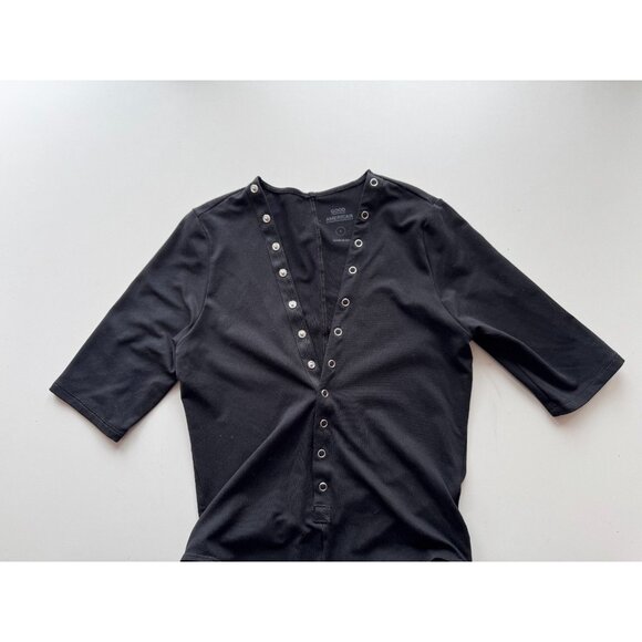 GOOD AMERICAN Snap Queen Black Half Sleeve Plunge V-Neck Bodysuit, Size 2/M - Picture 7 of 15
